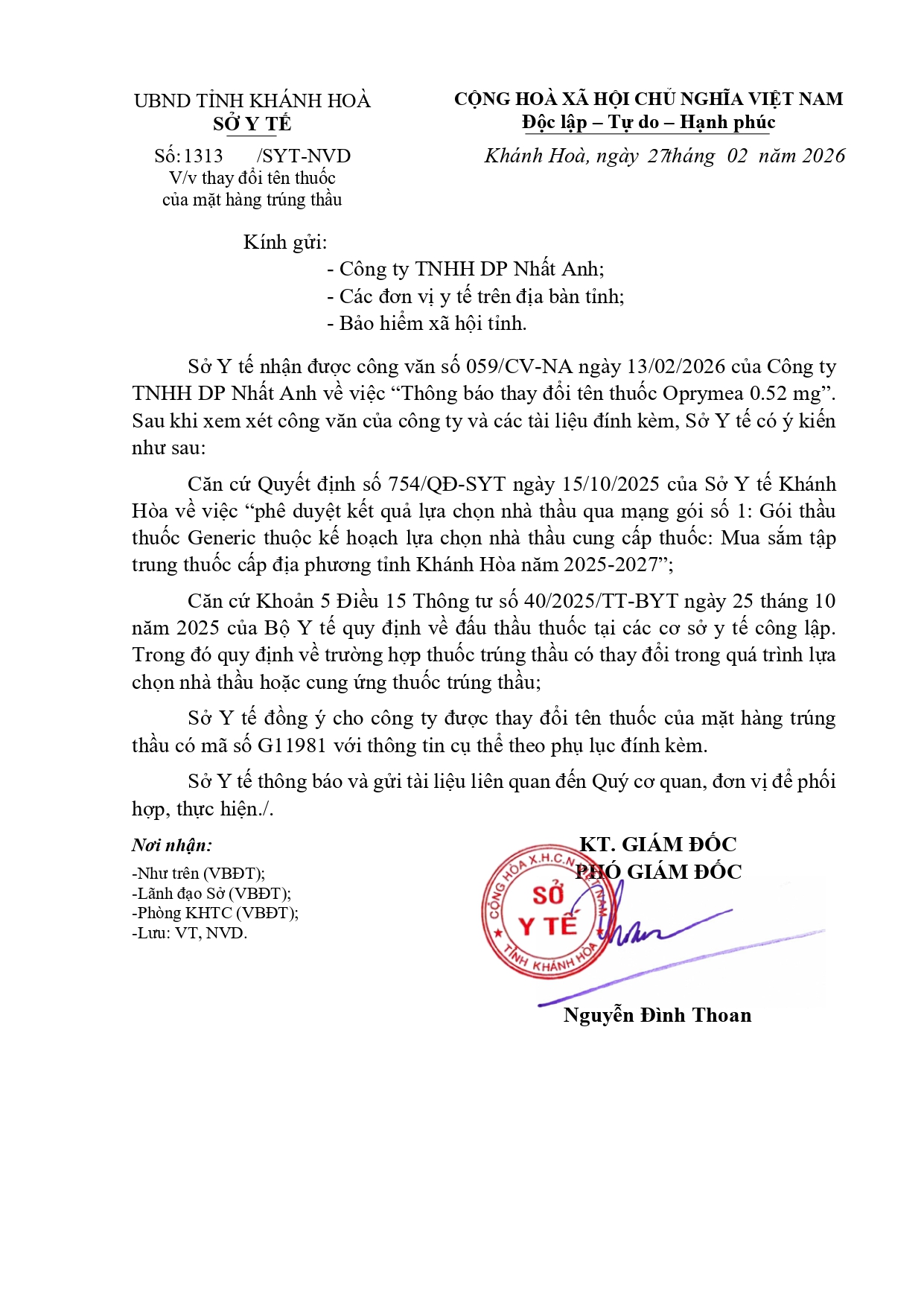 V/v thay đổi tên thuốc của mặt hàng trúng thầu